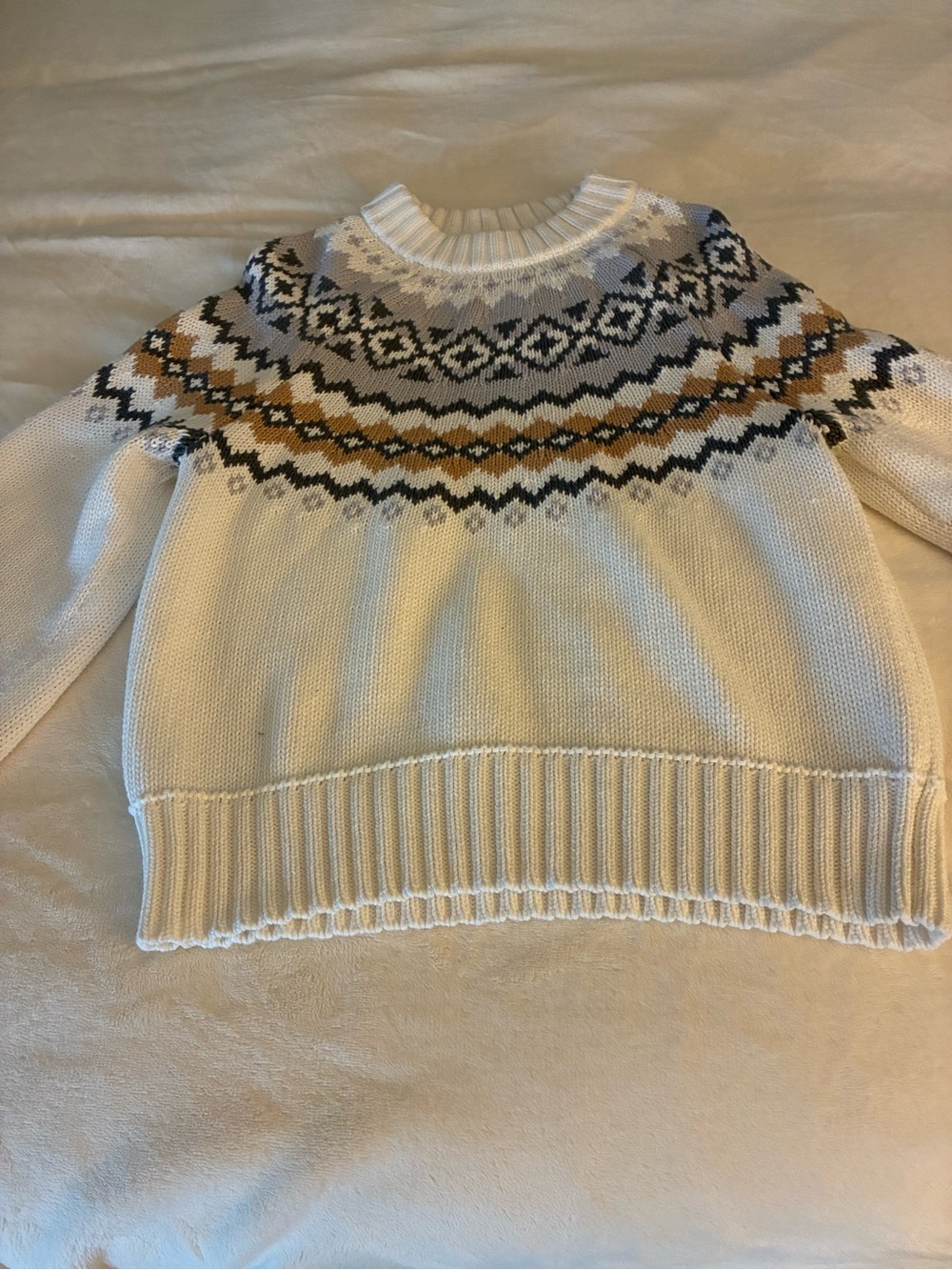 Ann Taylor Cream Fair Isle Crewneck Sweater with Gray & Mustard Accents